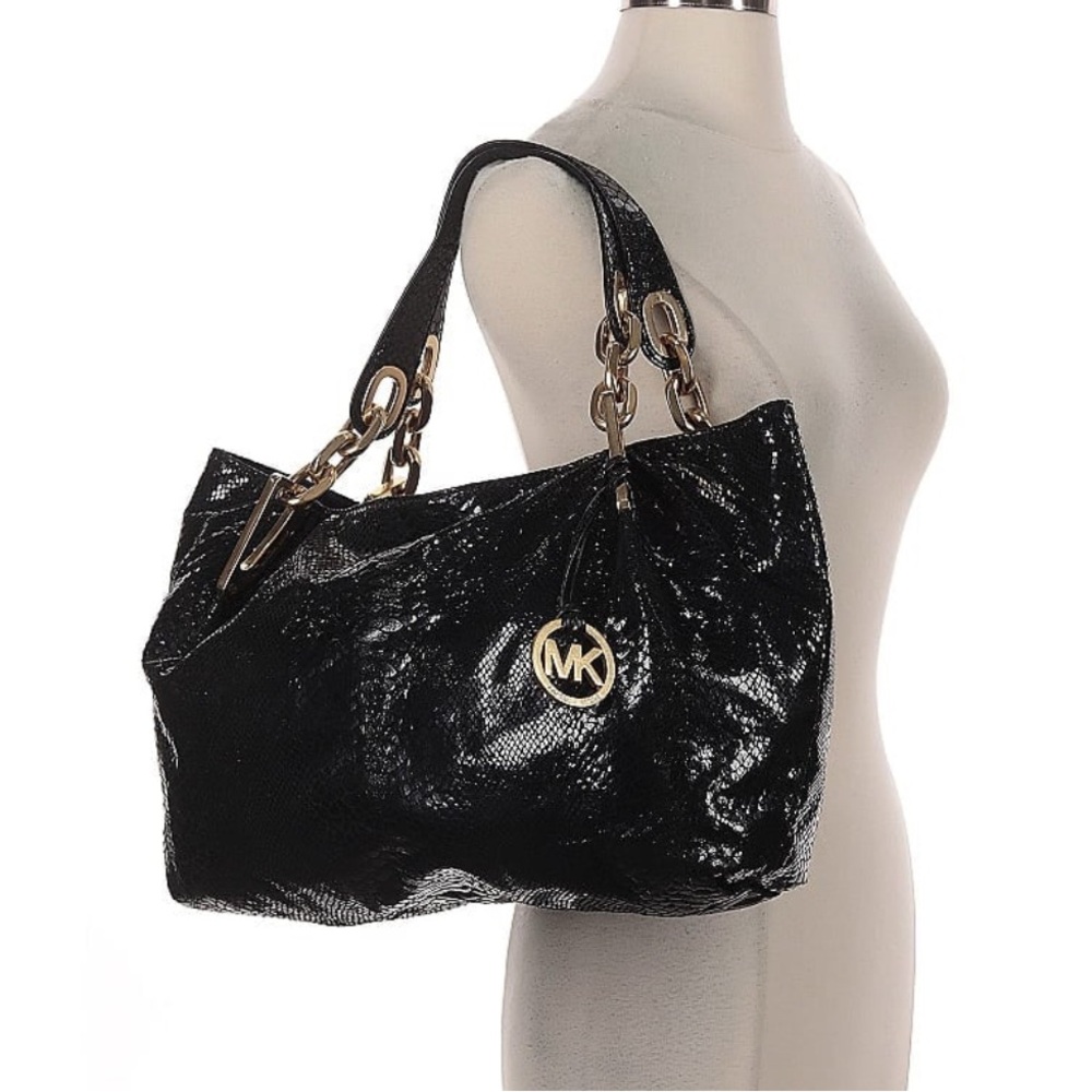 Michael Kors Shiny Black Sequinned Shoulder Bag with Gold Accents